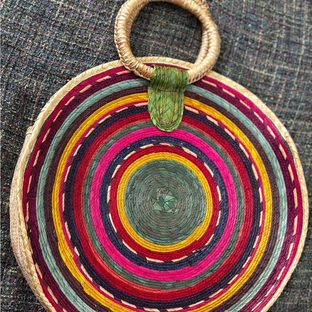 Colorful Round Woven Straw Tote - large  Mexico Travel Beach Vacation Resort